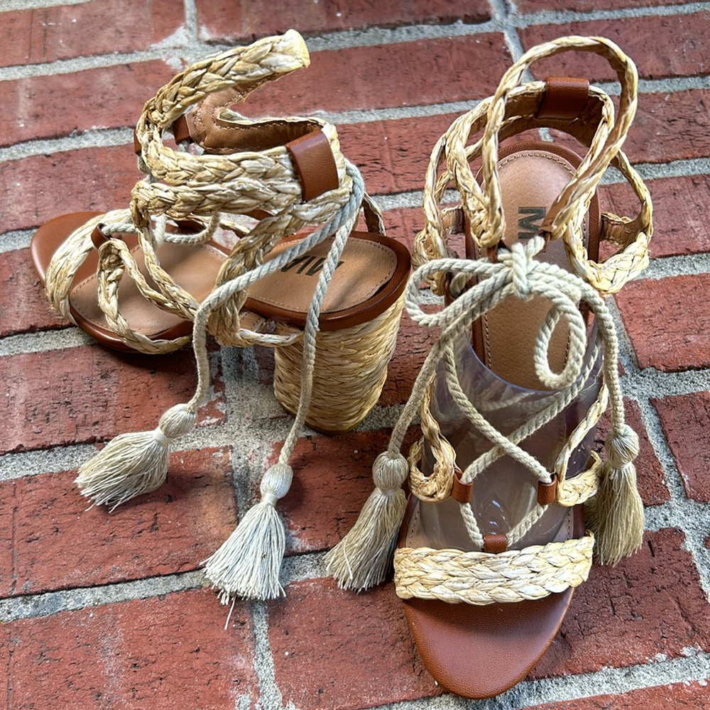 MIA GIGI Lace-Up Raffia Stack Heel Natural Tan Pumps